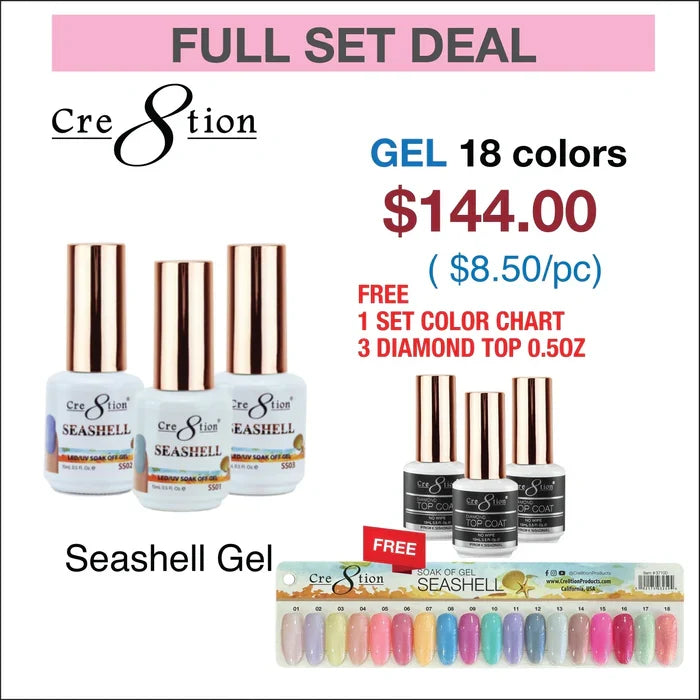 Cre8tion SeaShell Gel 0.5oz - Full Set 18 colors w/ 3 Top Coats 0.5oz & 1 set Color Chart Free